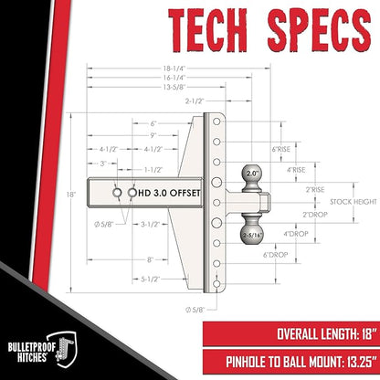 BulletProof Hitches - 3.0" Adjustable Heavy Duty Trailer Hitch (22,000 lb. Rating) - Offset 4" & 6" Drop/Rise Trailer Hitch with 2" & 2-5/16" Dual Ball - Powder Coat, Solid Steel, Corrosion-Resistant