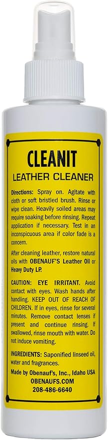 Obenauf's Cleanit Leather Cleaner - Natural Plant Oil Leather Cleaner for Boots, Furniture and Car Interior - Safe and Gentle Non-Detergent Oil Liquid Soap - Ready-to-use 8oz Spray Bottle