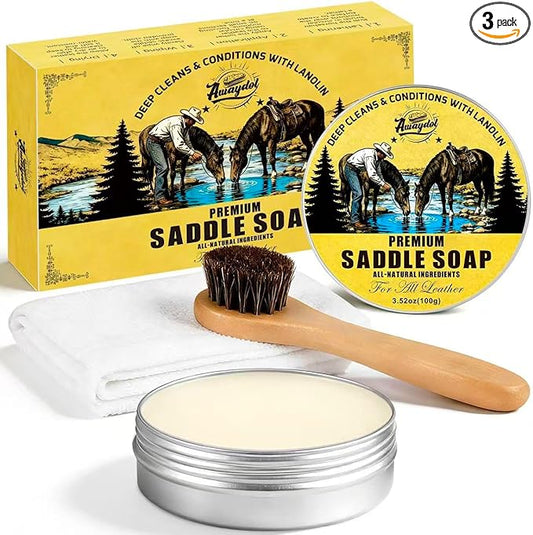 Awaydol Saddle Soap for Leather 3.52oz,3-in-1 Leather Cleaner & Conditioner to Soften,Protect Leathercraft with Horsehair Brush & Cloth,Leather Soap for Car Interior,Couch,Shoe,Purse,Boot,Bag & Saddle