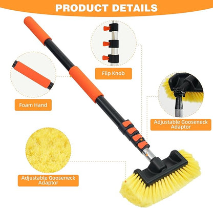 12FT/144inch Car Wash Brush with Long Handle Telescopic Pole Angle Adapter Car Cleaning Tool with 2 Pcs 12" Soft Bristle and Hard Bristle for Car Truck RV House Floor Window Glass Roof Pool