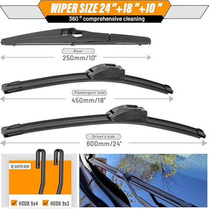 AUTOBOO 24"+18" Windshield Wipers with 10" Rear Wiper Blade Replacement for Jeep Compass 2018 2019 2020 2021 2022 2023 -Original Factory Quality (Pack of 3)