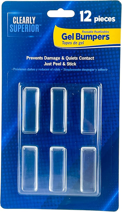 12-Pack Clearly Superior Gel Bumpers. Small Rectangle 1.5" x .5" Protects Surfaces & Quiets Contact. Use on Furniture, Doors, Cabinets, Walls & Appliances. Self Adhesive, Just Press to Apply