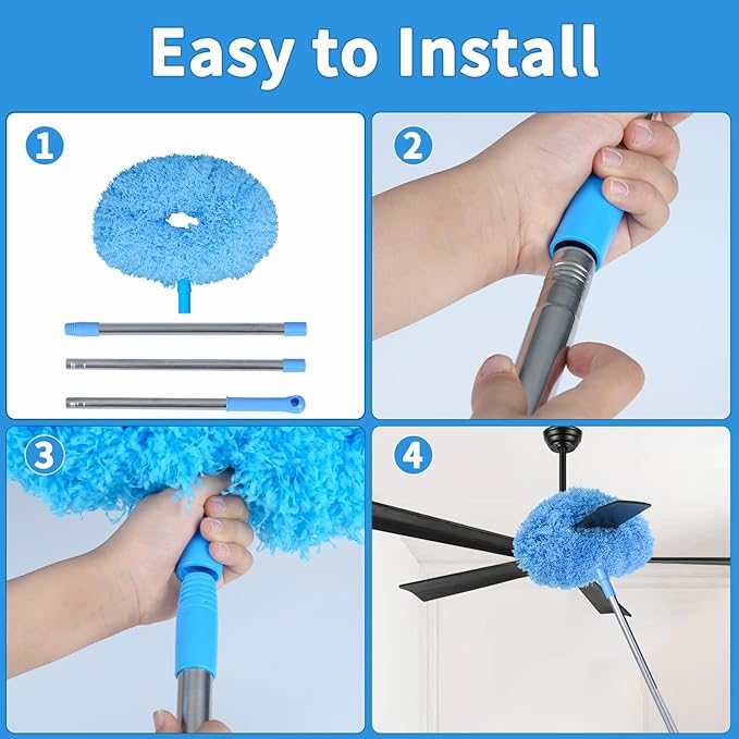 Ceiling Fan Cleaner Duster & Cobweb Duster with Extension Pole 15" -100" Reusable Microfiber Ceiling Fan Blade Cleaner Removable Duster (Blue) for Cleaning High Ceiling Fan Interior Roof Spider Web