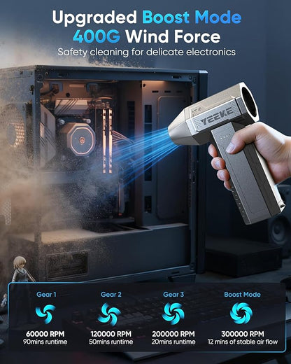 Compressed Air Duster, 300000 RPM & 400 G Wind Pressure, 10000 mAh Battery with Fast Charging, 4-Gear Electric Air Duster Rechargeable, Electric Duster Mini Blower with LED Light for Cleaning