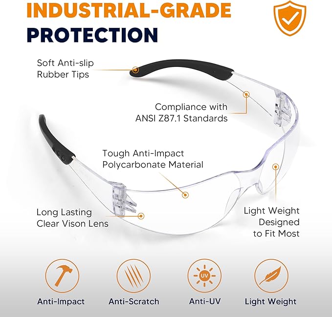 SATTRON Clear Safety Glasses 24PK, Protective Eyewear Polycarbonate Lens with Rubber Temples ANSI Z87.1 Anti-Scratch Impact Resistant Eye Protection for Work, Lab, Construction Clear Lens/Black Frame