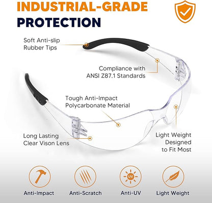 SATTRON Clear Safety Glasses 24PK, Protective Eyewear Polycarbonate Lens with Rubber Temples ANSI Z87.1 Anti-Scratch Impact Resistant Eye Protection for Work, Lab, Construction Clear Lens/Black Frame