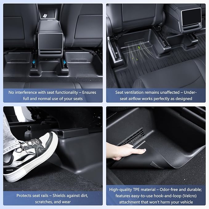 SHINELINERS Front Seat Rail Protectors for Tesla Model Y Juniper 2025-2026, 5-Piece TPE Track Cover Guards, Under Seat Floor Mat Protectors, Black