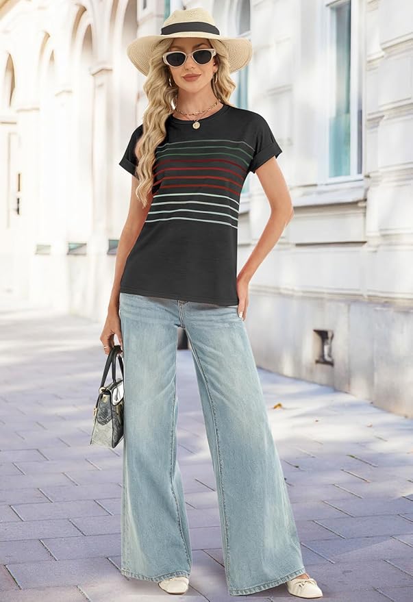 Womens Summer Tops Short Dolman Sleeve Crew Neck Striped Shirts Spring 2026 Fashion Beach Vacation Clothing