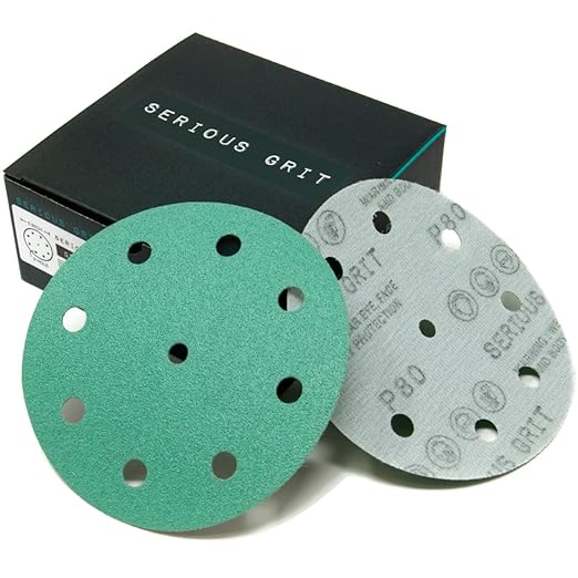 Serious Grit 5-Inch 9-Hole 80 Grit Sanding Discs - Heavy-Duty Hook & Loop Film Discs - Sandpaper for Random Orbital Sanders - 50 Pack Box