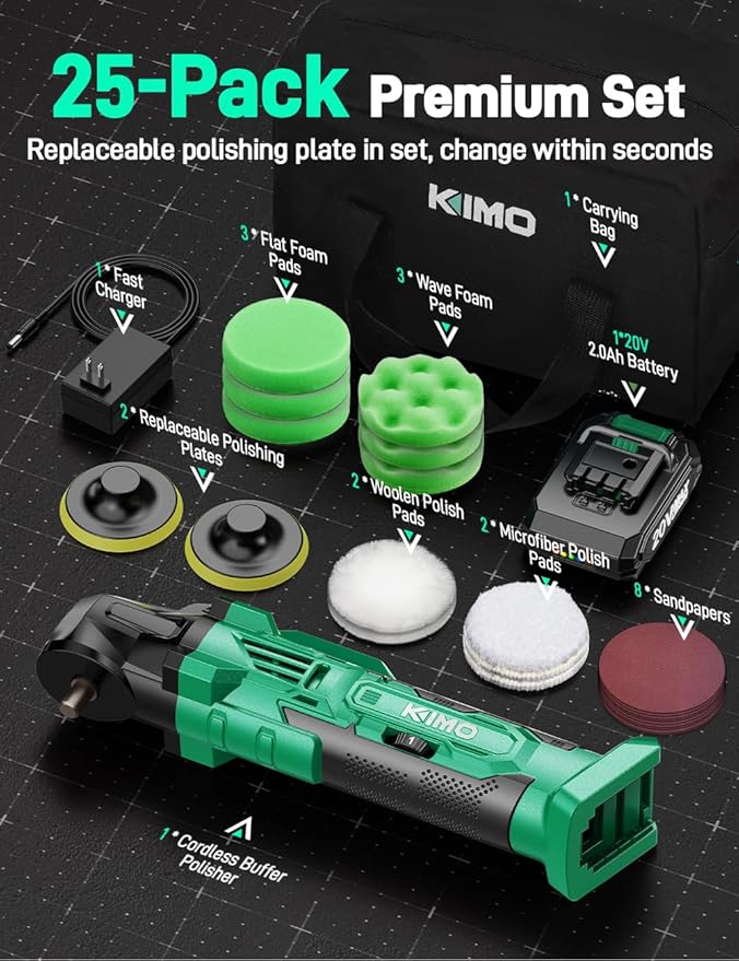 KIMO 20V Cordless Car Buffer Polisher Kit, 24Pcs Polishing Kit, 6 Speeds to 6000RPM / 2000mAh Batteries Cordless Polishers, Buffer Polisher for Car Detailing, Scratch Removing, Boat Sanding & Waxing