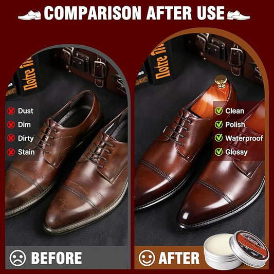 15-in-1 Shoe Shine Kit & Leather Polish Set with 4 Horsehair Brushes, Black Brown Neutral Wax, Mink Oil, 3 Cloths Shine Sponges Boot Care Cleaning Mens Valentines Day Gifts with Portable Leather Case