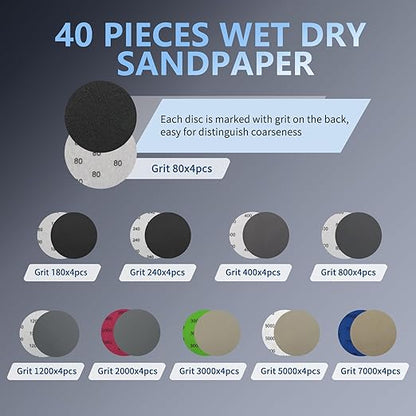 VIBRATITE 40 Pieces 3 Inch Sanding Discs, Wet Dry Sandpaper Sheets Assortment 80 to 7000 Grit Silicon Carbide Hook and Loop Sanding Paper with Handle Sanding Block for Wood Metal Automotive Mirror