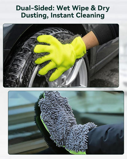 Car Wash Mitt, 2-Pack Microfiber Scratch Free Auto Detailing Supplies for Cleaning, Washing Dusting,Thickened 5-Finger Clean Gloves Design for Interior Exterior Cleaning Tight Spaces and Wheel