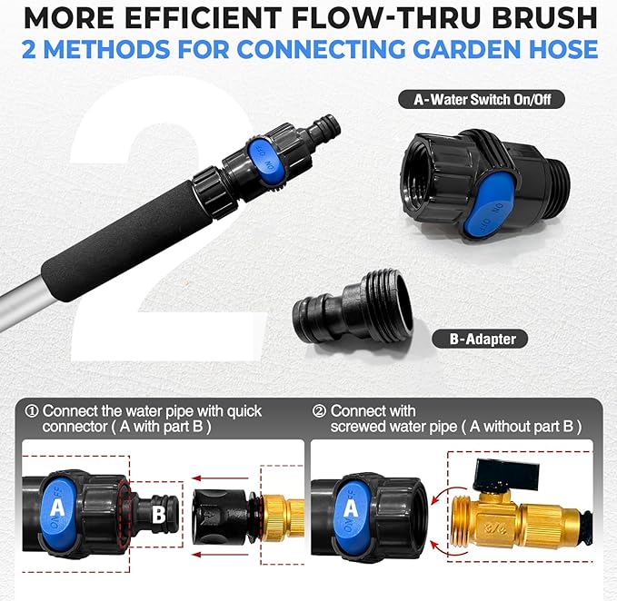 72" Car Wash Brush with Long Handle, Flow-Thru Soft Bristle Car Washing Brush with Extendable Handle and Hose Attachment and On/Off Switch for Car, RV, SUV, Truck, Boat, House Siding（Blue）