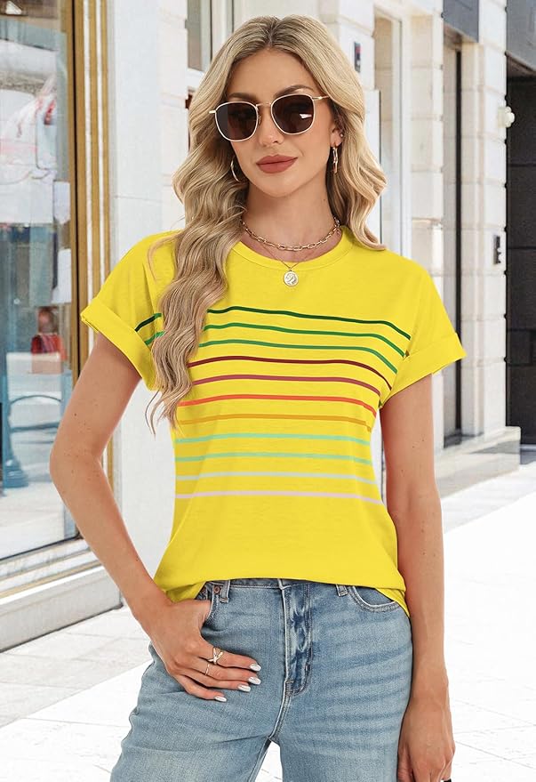 Womens Summer Tops Short Dolman Sleeve Crew Neck Striped Shirts Spring 2026 Fashion Beach Vacation Clothing