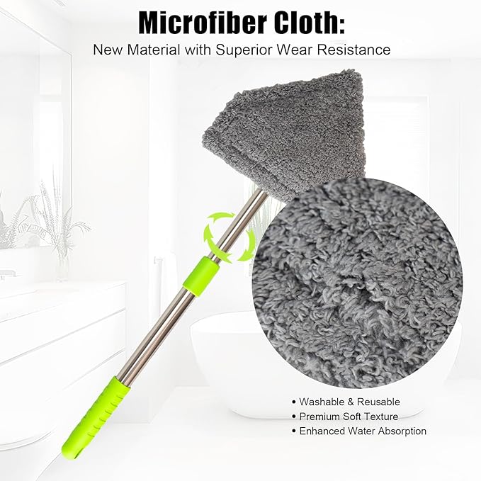 Car Windshield Squeegee Cleaning Tool - Vehicle Window Cleaner with 4 Reusable Washable Microfiber Pads, Telescoping Handle (13" - 16.7"), 180° Rotatable for Both Interior and Exterior Car Glass.