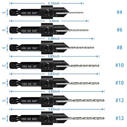 7 Pcs M2 Countersink Drill Bit Set, 3in1 Wood Pilot Countersink Drill Bits for #4#6#8#10#12 Screws Holes, with Adjustable Depth Stop,Quick Release Hex Shank, 2-Allen Wrench