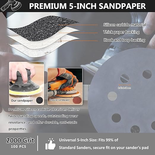 100PCS 5 Inch Hook and Loop Sanding Discs 2000 Grit, 8 Hole Wet Dry Orbital Sander Sand Paper, Silicon Carbide Sandpaper for Automotive Wood Metal Glass