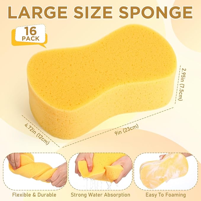 Tioncy 16 Pcs Giant Car Wash Sponges 9 x 4.7 x 3 Inch Extra Large Car Cleaning Bone Sponges Bulk All Purpose Easy Grip Thick Foam Scrubber for Boat Garage Kitchen Bathroom Household Cleaning (Yellow)