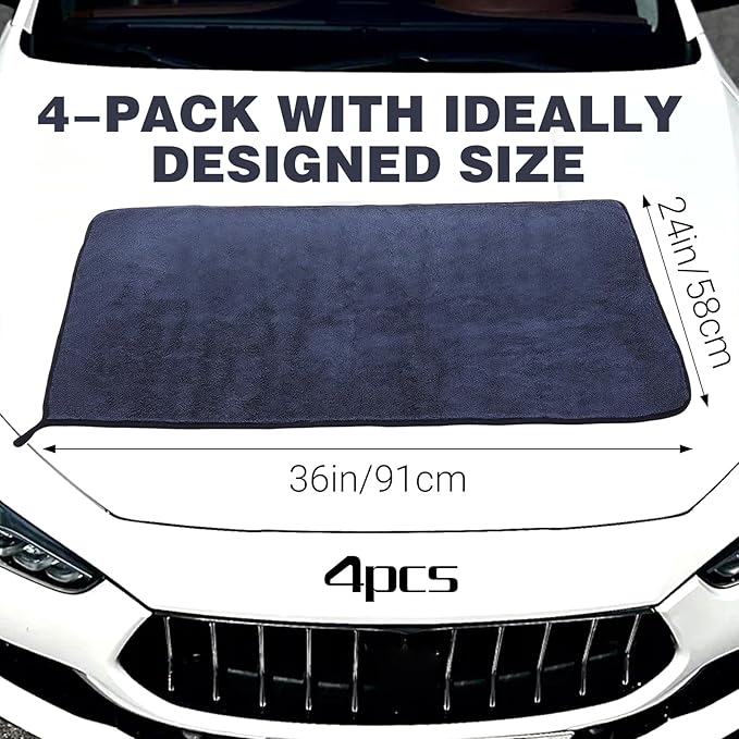 4 Pack Large Microfiber Car Drying Towels, 36x24 Inch Microfiber Towels for Cars, Ultra Absorbent, Streak Free, Scratch Free, Lint Free, Quick Dry, Multi-Purpose