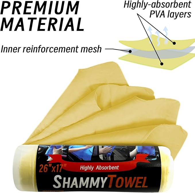 Premium Shammy Cloth for Car Drying - 2 Pack (26”x17”) - Super Absorbent Synthetic Chamois Bathroom,Pets, Dust Remove,- Reusable Non-Scratch Vehicle Dry Towel (Yellow)