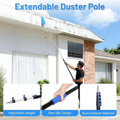 FAHKNS 30 Foot High Ceiling Fan Duster, Heavy Duty High Reach Duster Kit for Cleaning, Spider Web Brush, Washable Dust Brush for High Roof and Glass Surfaces (with 5-24ft Extension Pole)