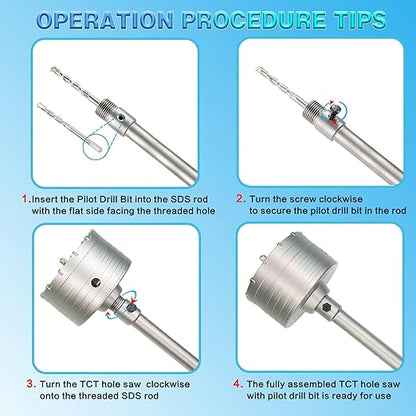 3-3/4" Concrete Hole Saw, 95mm Tungsten Steel Core Bit for Cinder Block, Brick, Rock, Plank Walls for Pipes or mini Split Lines, with SDS Plus Shank and 2 Center Positioning Drill Bits.