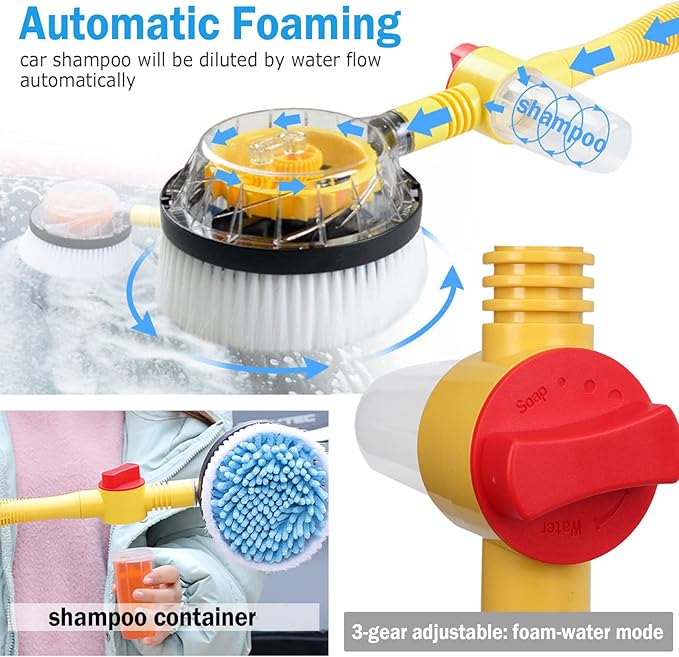 Rotating Car Wash Brush with Hose Attachment, Soft Chenille Microfiber Bristle Car Cleaning Brush Wash Mop Scrub Brush, Long Handle Car Washing Brush Kit with Soap Dispenser (Yellow)