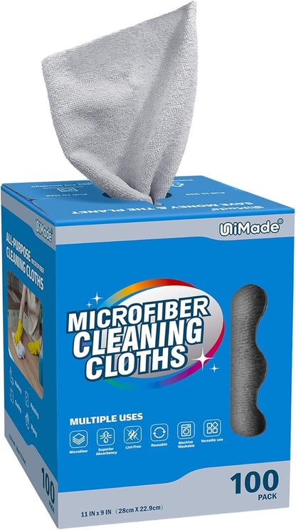 Microfiber Cleaning Cloth, 100 Sheets Microfiber Towels for Cars Commercial Grade Washcloths Lint-Free Bulk Shop Towel Cleaning Rags for Mechanic Restaurant Garage Housekeeping, 11"x 9", Grey