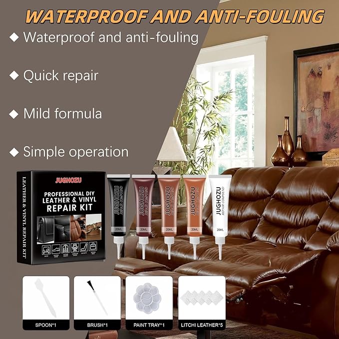 Jughozu Leather Repair Kit for Furniture, Sofa, Jacket, Car Seats & Purse, Vinyl Repair Kit with Easy Instructions. Fix Tears, Scratches, Holes & Peeling on Genuine, Faux, Bonded.(Brown)