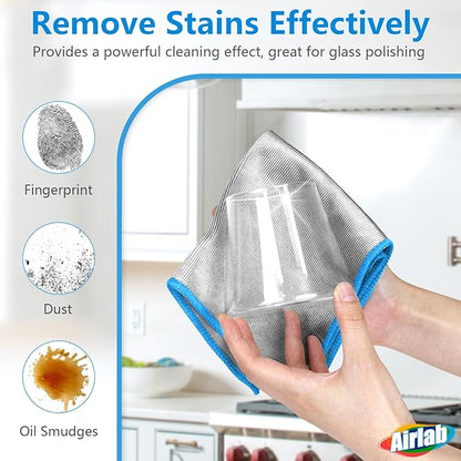 Airlab Glass Polishing Cloth Streak Free Miracle Microfiber Cleaning Cloth Lint Free Cleaning Rags for Glasses Kitchen Dish Mirrors Easy Clean, Pack of 6, 12" x 12", Sliver-Blue