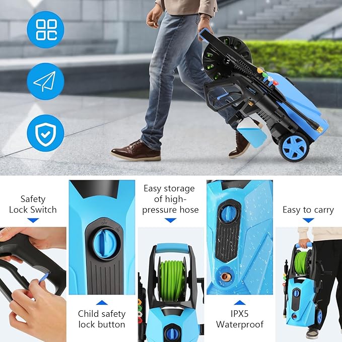 Pressure Washer 5000 PSI,2.8 GPM Power Washer with Foam Cannon,Portable Cleaner with 33ft Hose Reel,4 Nozzle Tips,and Soap Bottle for Cars/Home/Driveways/Patios/Decks/Fences(Light Green)