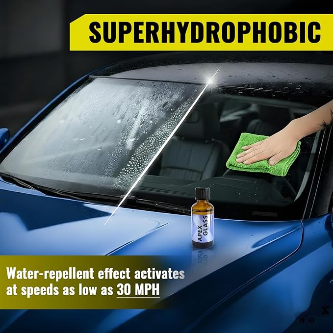 Apex Glass 50ml Hydrophobic Ceramic Coating - Professional Rain Repellent for Windshields & Windows - Long Lasting Nano Silica Protection Kit with Applicator & Microfiber USA