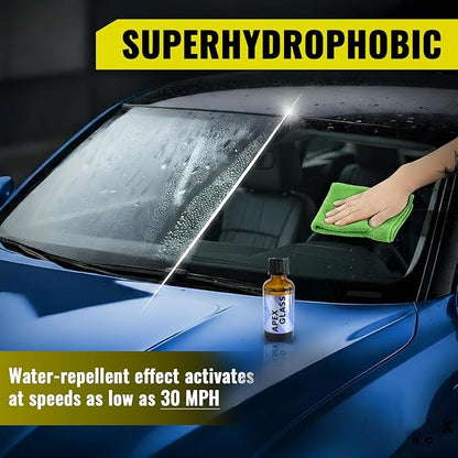 Apex Glass 50ml Hydrophobic Ceramic Coating - Professional Rain Repellent for Windshields & Windows - Long Lasting Nano Silica Protection Kit with Applicator & Microfiber USA
