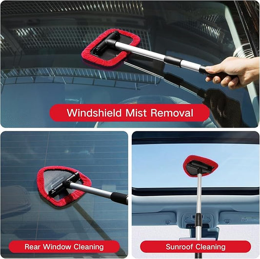 10pcs Windshield Cleaner Tool, Car Window Cleaning Wash Kit with 4 Reusable Microfiber Pads 1 Spray Bottle and Extendable Handle Auto Glass Wiper Kit, Red