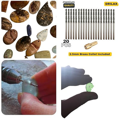 Drilax 20-Pc 2.5mm Diamond Drill Bit Set | Dremel Compatible with 1 Collet | for Glass, Sea Glass, Gems & Jewelry