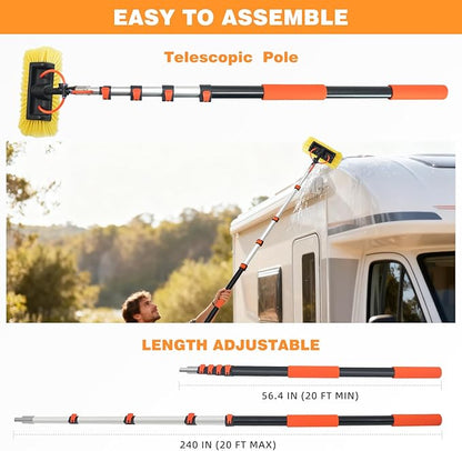 20FT/240inch Car Wash Brush with Long Handle Water Fed Telescopic Pole with Angle Adapter 12" Soft and Hard Bristle Cleaning Tool for Car Truck RV House Floor Window Glass Roof Pool