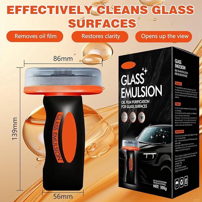 Glass Oil Film Remover for Car, Automotive Glass Cleaner with Cleaning Board,Removes Oil Film & Smudges, Improve Windshield Clarity for Safe Driving(1pcs)