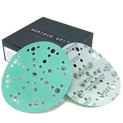 Serious Grit - 6-Inch 49-Hole 320 Grit Sanding Discs - Heavy-Duty Hook & Loop Film Discs - Sandpaper for Random Orbital Sanders - 50 Pack Box