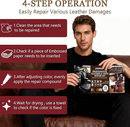 Jughozu Leather Repair Kit for Furniture, Car Seats, Jacket, 2026 New Vinyl Repair Kit with Easy Instructions to Match Any Color. Fix Tears, Scratches, Holes & Peeling on Genuine, Faux, Bonded.