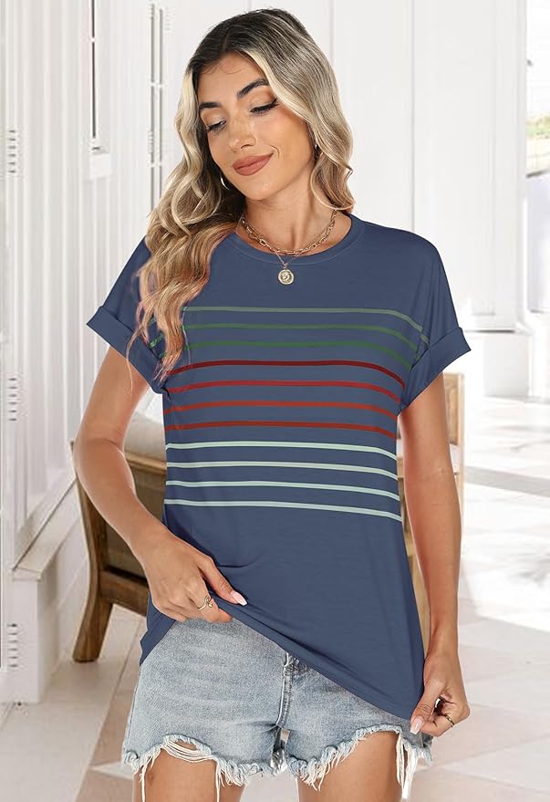 Womens Summer Tops Short Dolman Sleeve Crew Neck Striped Shirts Spring 2026 Fashion Beach Vacation Clothing