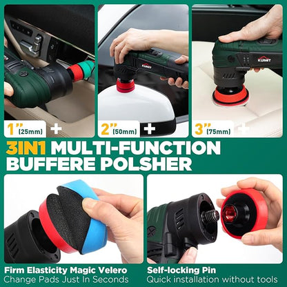 KUIMIT 1"/2"/3" Buffer Rotary Polisher Kit | 780W High-Power Mini Polishing Machine w/ 27-Piece Accessories | M5/8-11 Thread 75mm/100mm/140mm Extension Shafts | for Car, Boat & Metal Detailing