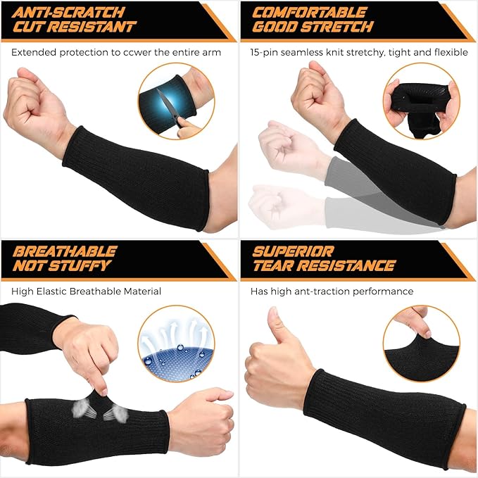 2 Pairs Cut Resistant Sleeve Arm Protection Level 5 Protection Safety Protective Sleeves Arm Protectors for Men Women(9.45 x 4.72 Inches,Black, Gray)