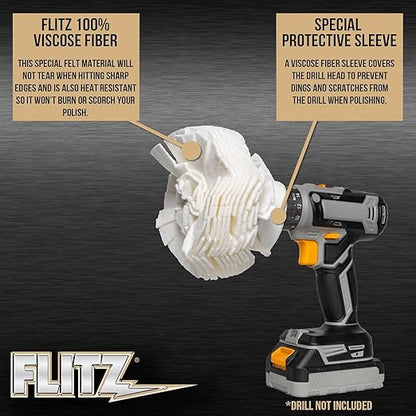 Flitz Buff Ball w/ 1.76oz Metal Polish Paste - 5in Drill Buffer Polisher Attachment for Any 3/8in Drill - Self-Cooling, Washable Polishing Ball to Buff, Shine, & Protect All Metals, Plastics (1 Pack)