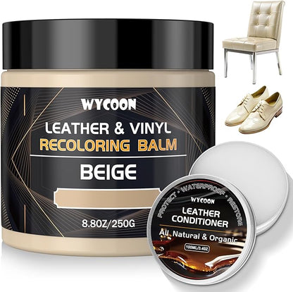 WYCOON Leather Recoloring Balm with 100ml Mink Oil Conditioner | Beige Repair Kit, Dye & Color Restorer for Furniture, Sofa, Car Seats, Bags | Restore Faded & Scratched Surfaces