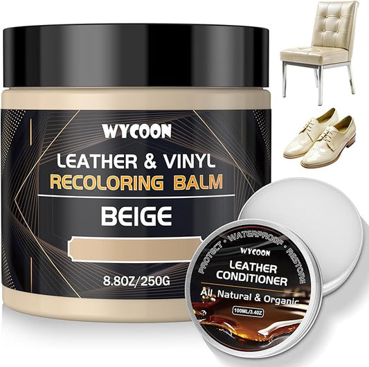 WYCOON Leather Recoloring Balm with 100ml Mink Oil Conditioner | Beige Repair Kit, Dye & Color Restorer for Furniture, Sofa, Car Seats, Bags | Restore Faded & Scratched Surfaces