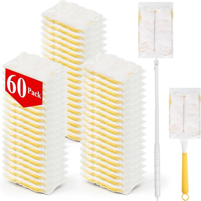 62 Pcs Duster Refills for Most Duster Handle, 360° Heavy Duty Dusters Refill Electrostatic Compatible with Dusteres, Disposable Dusters Kit with 1pcs Retractable Handle for Furniture, Blinds