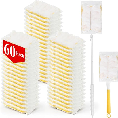 62 Pcs Duster Refills for Most Duster Handle, 360° Heavy Duty Dusters Refill Electrostatic Compatible with Dusteres, Disposable Dusters Kit with 1pcs Retractable Handle for Furniture, Blinds