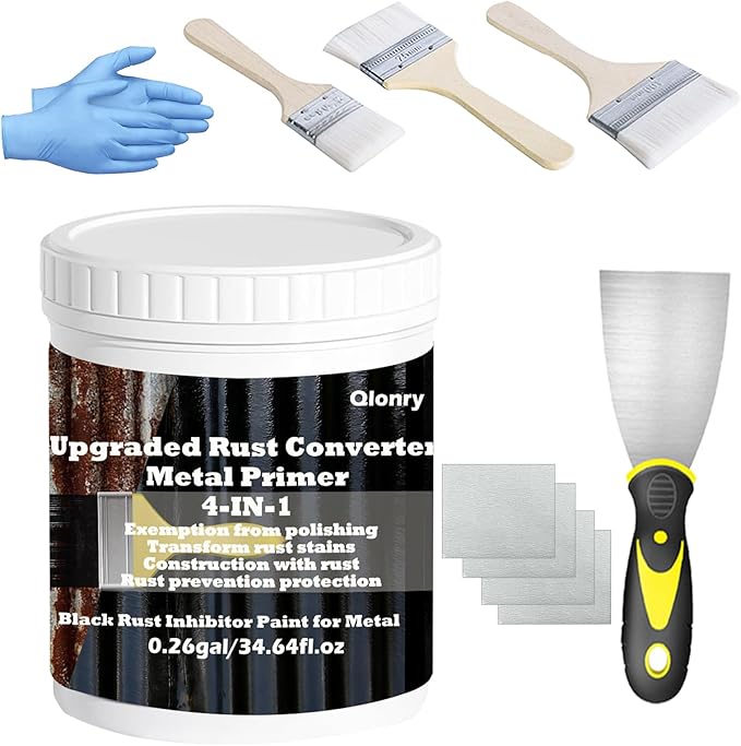 Qlonry 4-in-1 Upgraded Rust Converter & Metal Primer,0.26Gal/34.64Fl.oz Black Rust Inhibitor Paint for Metal, Heat Resistance & UV Resistant Automotive Water Based Rust Reformer Rust Paint