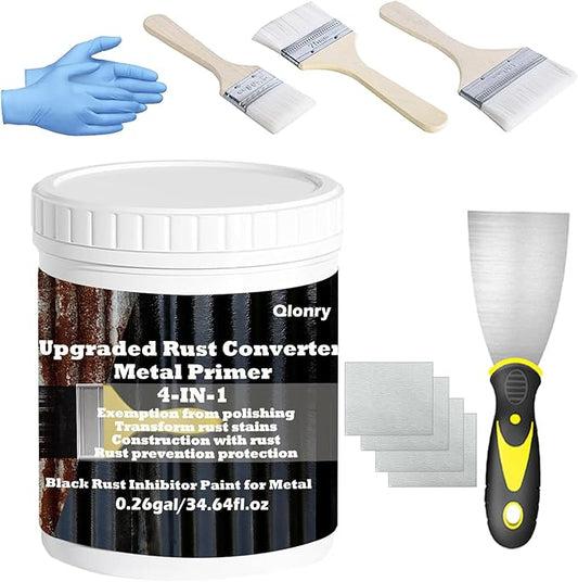 Qlonry 4-in-1 Upgraded Rust Converter & Metal Primer,0.26Gal/34.64Fl.oz Black Rust Inhibitor Paint for Metal, Heat Resistance & UV Resistant Automotive Water Based Rust Reformer Rust Paint